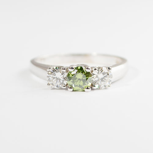 0.77Ct Green and White Natural Diamond 3 Stone RIng 14k White Gold CERTIFIED