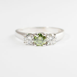 0.77Ct Green and White Natural Diamond 3 Stone RIng 14k White Gold CERTIFIED