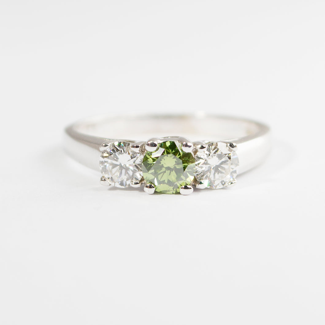 0.77Ct Green and White Natural Diamond 3 Stone RIng 14k White Gold CERTIFIED