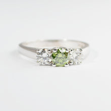 0.77Ct Green and White Natural Diamond 3 Stone RIng 14k White Gold CERTIFIED