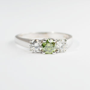 0.77Ct Green and White Natural Diamond 3 Stone RIng 14k White Gold CERTIFIED