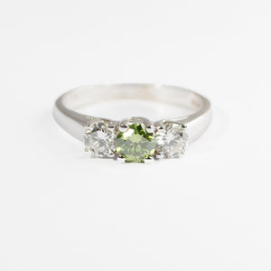 0.77Ct Green and White Natural Diamond 3 Stone RIng 14k White Gold CERTIFIED