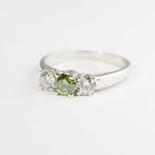 0.77Ct Green and White Natural Diamond 3 Stone RIng 14k White Gold CERTIFIED