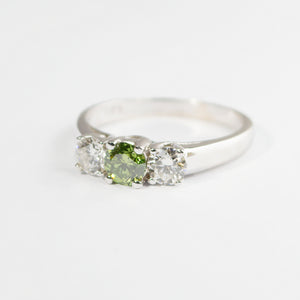 0.77Ct Green and White Natural Diamond 3 Stone RIng 14k White Gold CERTIFIED