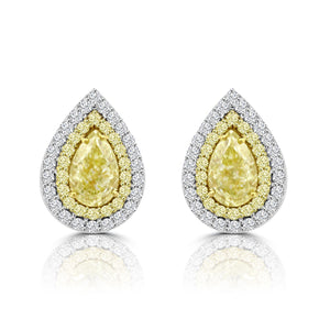 Natural Fancy Yellow Pear Earrings Shape Halo 1.26 Carat 18K Gold Canary Diamonds Studs Earth Mind Love Gift